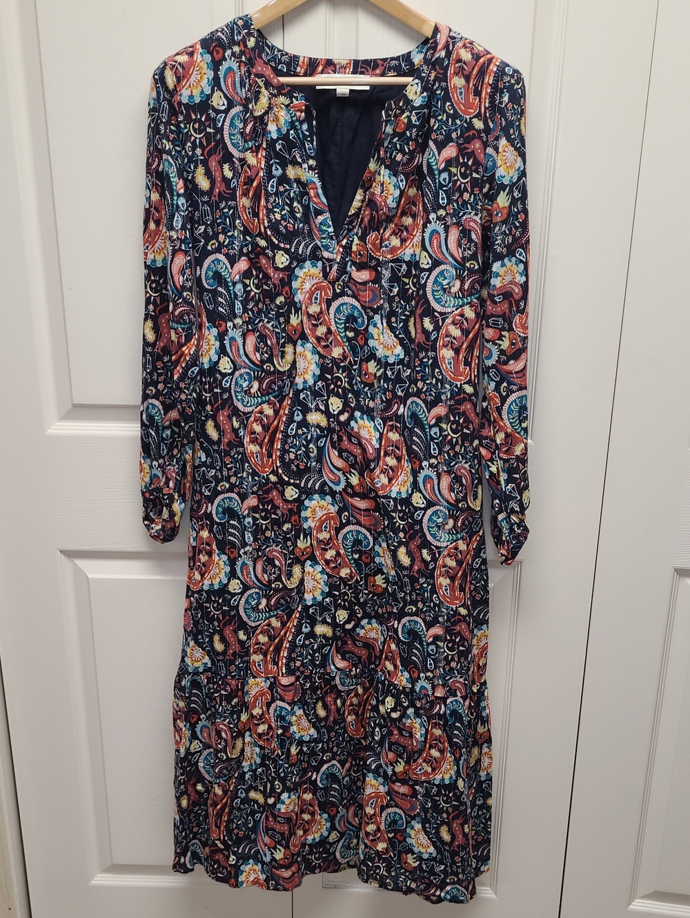 Dark Navy Multicolored Paisley Celestial Floral Midi Long Sleeve Shimmer Dress
